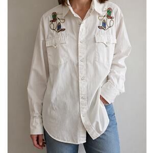 Vintage High Noon Western Pearl Snap Shirt Embroidered Cowboy Boots White Large